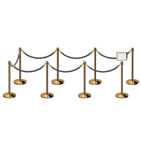 Montour Line Stanchion Post & Rope Kit Pol.Brass, 8CrownTop 7Gray Rope 8.5x11H Sign C-Kit-7-PB-CN-1-Tapped-1-8511-H-7-PVR-GY-PB